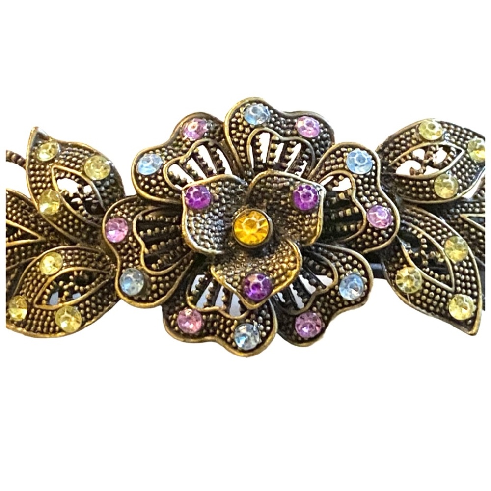 Antique Silver Tone Floral Crystal Barrette Pair - Picture 3 of 5